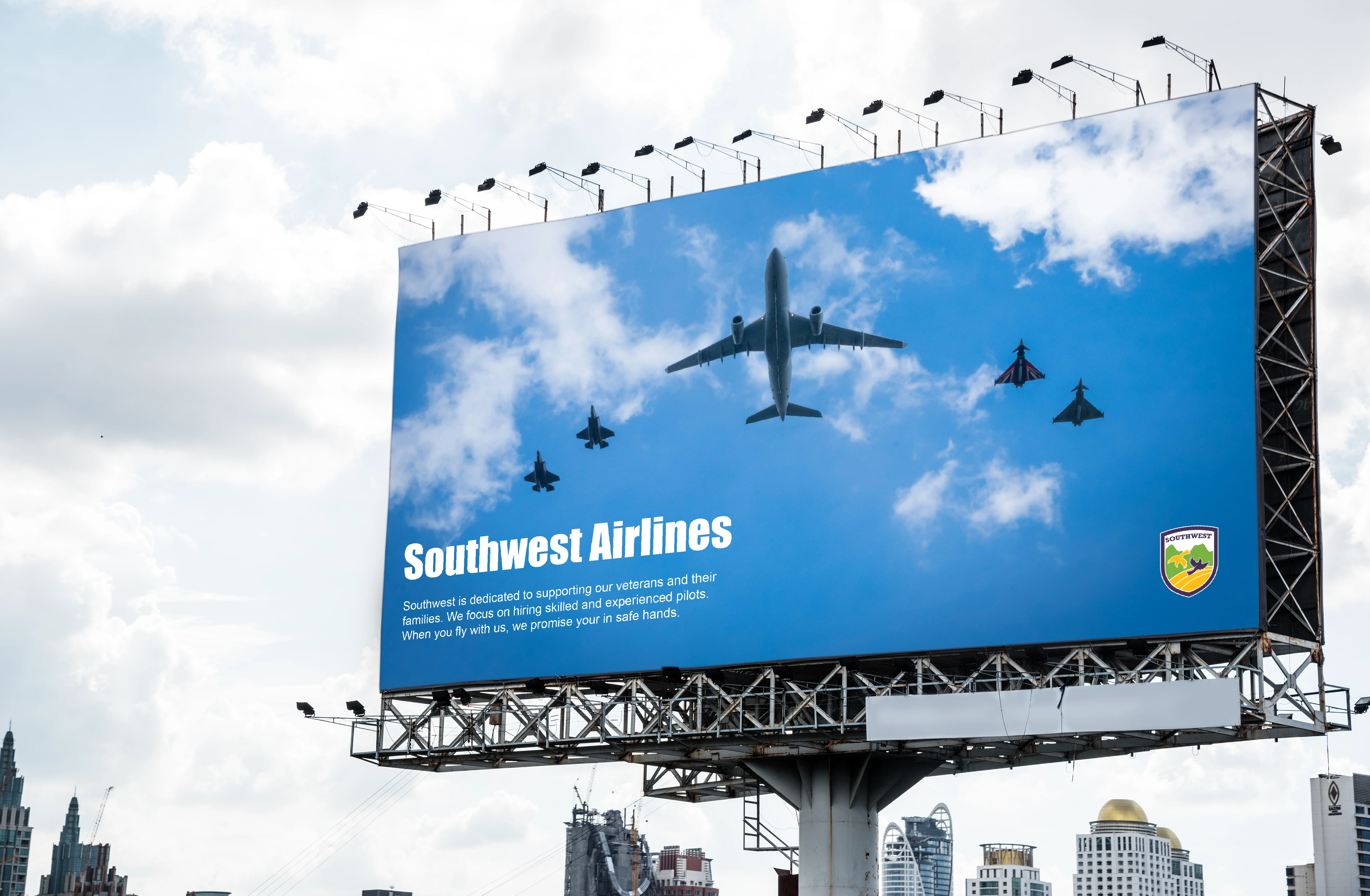 Large billboard marketing of the company's military focus.